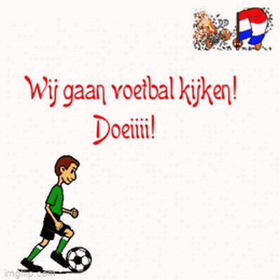 A Cartoon Of A Man Kicking A Soccer Ball With The Words Wij Gaan Voetbal Kijken Doeiiiil GIF