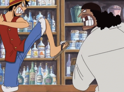 A Cartoon Of A Man Kicking Another Man 'S Foot In A Store GIF