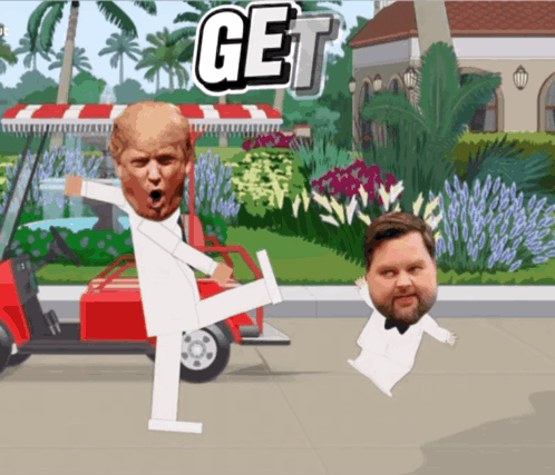 A Cartoon Of A Man Kicking Another Man With The Word Get Behind Them GIF