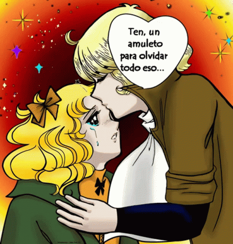 A Cartoon Of A Man Kissing A Girl With The Words " Ten Un Amuleto Para Olvidar Todo Eso " Above Them GIF