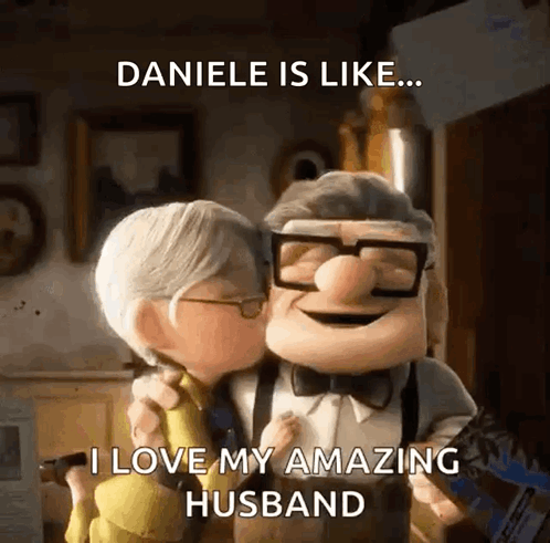 A Cartoon Of A Man Kissing A Woman With The Caption Daniele Is Like I Love My Amazing Husband GIF