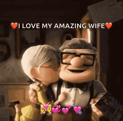 A Cartoon Of A Man Kissing A Woman With The Words " I Love My Amazing Wife " Above Them GIF