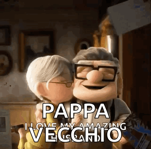 A Cartoon Of A Man Kissing A Woman With The Words " Pappa I Love My Amazing Vecchio " On The Bottom GIF