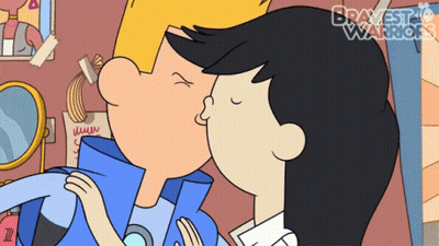 A Cartoon Of A Man Kissing Another Man With The Words Bravest Warriors On The Bottom Right GIF