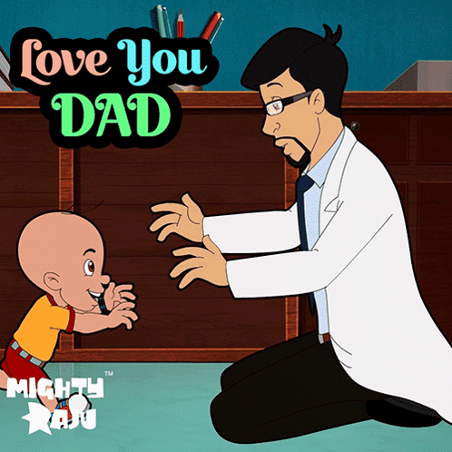 A Cartoon Of A Man Kneeling Down Next To A Baby With The Words Love You Dad Above Them GIF