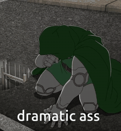 A Cartoon Of A Man Kneeling Down With Dramatic Ass Written Below Him GIF