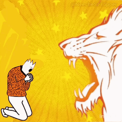 A Cartoon Of A Man Kneeling In Front Of A Lion With The Hashtag Neechese Topper GIF