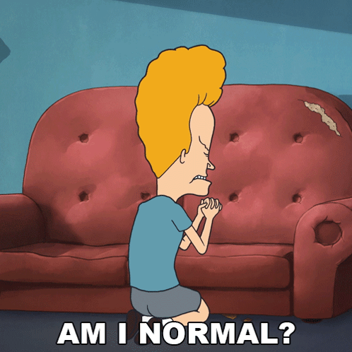 A Cartoon Of A Man Kneeling In Front Of A Red Couch With The Words Am I Normal GIF