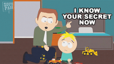 A Cartoon Of A Man Kneeling Next To A Boy With The Words " I Know Your Secret Now " Above Them GIF