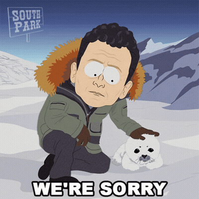 A Cartoon Of A Man Kneeling Next To A Seal With The Words We 'Re Sorry Below Him GIF