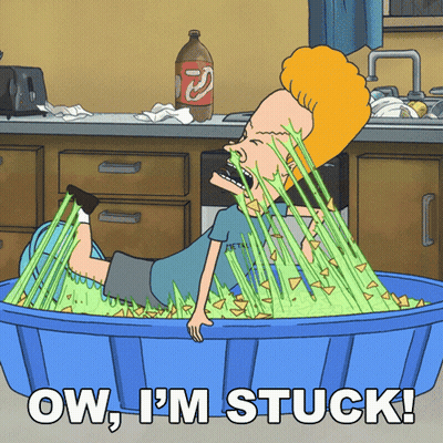 A Cartoon Of A Man Laying In A Blue Tub With The Words Ow I 'M Stuck GIF