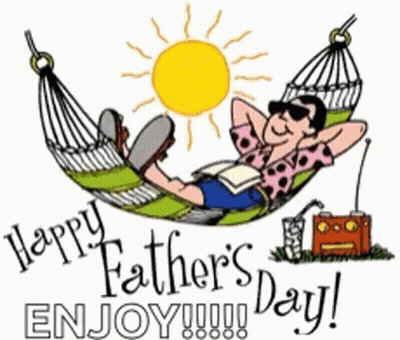 A Cartoon Of A Man Laying In A Hammock With The Words Happy Father 'S Day Enjoy ! GIF