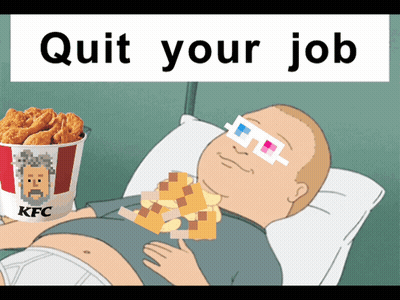 A Cartoon Of A Man Laying In Bed Next To A Bucket Of Fried Chicken And A Sign That Says Quit Your Job GIF
