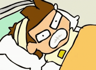 A Cartoon Of A Man Laying In Bed With A Bandage Around His Head GIF