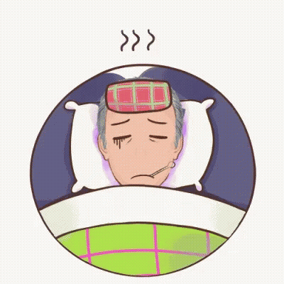 A Cartoon Of A Man Laying In Bed With A Towel On His Head And A Thermometer In His Mouth GIF