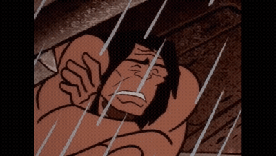 A Cartoon Of A Man Laying In The Rain With A Sad Look On His Face GIF