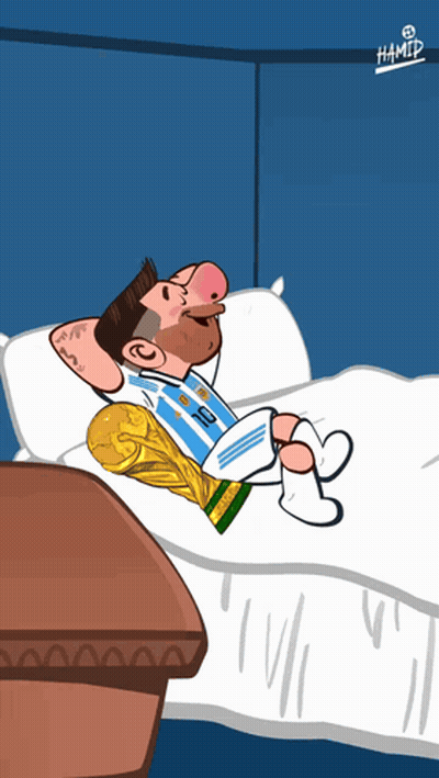 A Cartoon Of A Man Laying On A Bed Holding A Trophy With The Number 18 On His Jersey GIF