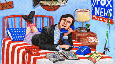 A Cartoon Of A Man Laying On A Bed Talking On A Phone With A Fox News Channel Sign Behind Him GIF