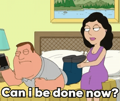 A Cartoon Of A Man Laying On A Bed With A Woman Sitting On His Back And The Words Can I Be Done Now GIF