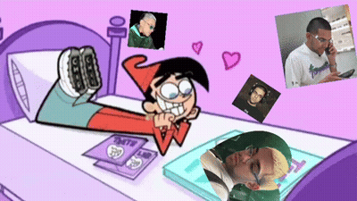 A Cartoon Of A Man Laying On A Bed With Hearts And Pictures GIF