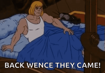 A Cartoon Of A Man Laying On A Bed With The Words Back Wence They Came Below Him GIF