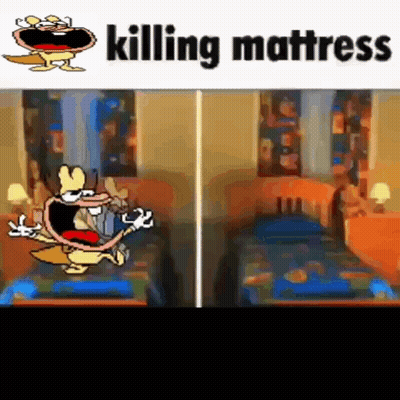 A Cartoon Of A Man Laying On A Bed With The Words Killing Mattress Below Him GIF