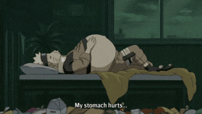 A Cartoon Of A Man Laying On A Bed With The Words My Stomach Hurts GIF