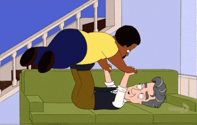 A Cartoon Of A Man Laying On A Couch With A Globe Logo In The Corner GIF