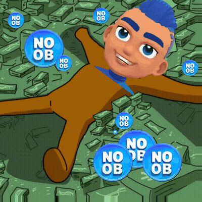 A Cartoon Of A Man Laying On A Pile Of Money Surrounded By No Ob Stickers GIF