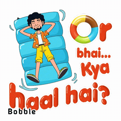 A Cartoon Of A Man Laying On A Raft With The Words " Or Bhai ... Kya Kya Haal Hai " Below Him GIF