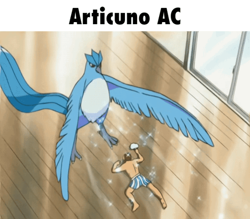 A Cartoon Of A Man Laying On The Floor Next To A Bird That Says Articuno Ac On The Bottom GIF