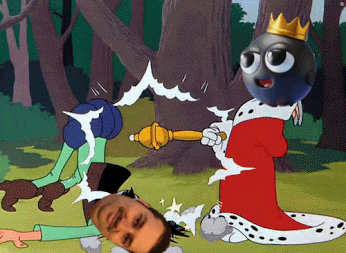 A Cartoon Of A Man Laying On The Ground Next To A King With A Crown On His Head GIF