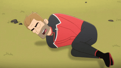 A Cartoon Of A Man Laying On The Ground With A Fire Coming Out Of His Mouth GIF