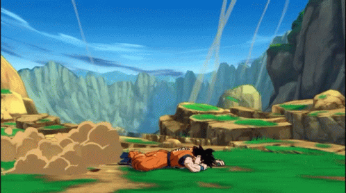 A Cartoon Of A Man Laying On The Ground With The Word Goku On His Chest GIF