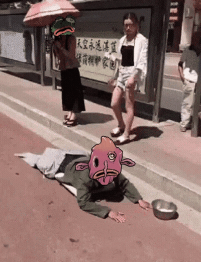 A Cartoon Of A Man Laying On The Sidewalk With A Bowl Of Water GIF