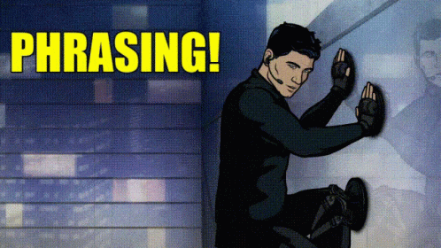 A Cartoon Of A Man Leaning Against A Wall With The Words Phrasing Behind Him GIF
