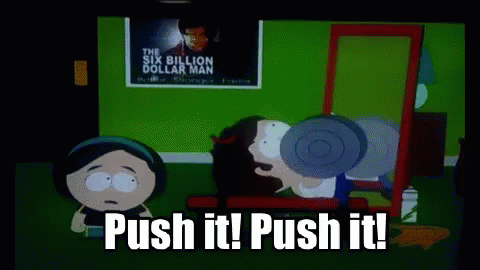 A Cartoon Of A Man Lifting Weights With The Words Push It Push It Written Below Him GIF