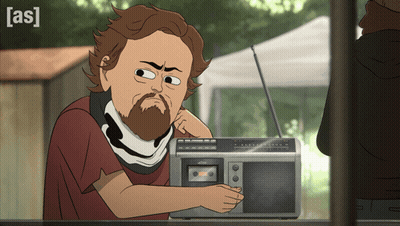 A Cartoon Of A Man Listening To A Radio With The Letters [ As ] On The Bottom Right GIF