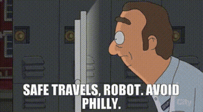 A Cartoon Of A Man Looking At A Computer Screen With The Words `` Safe Travels , Robot , Avoid Philly '' GIF