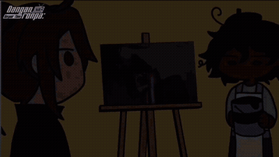 A Cartoon Of A Man Looking At A Painting On An Easel With Danganronpa Written On The Bottom GIF