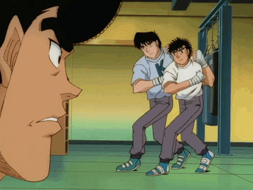 A Cartoon Of A Man Looking At Two Boxers With A Punching Bag In The Background GIF