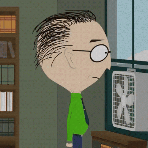 A Cartoon Of A Man Looking Out A Window At A Box Fan GIF