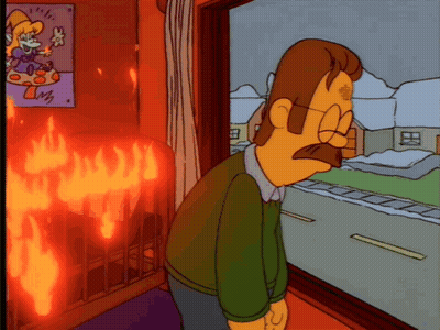 A Cartoon Of A Man Looking Out A Window At A Burning Fireplace GIF