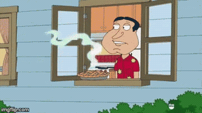 A Cartoon Of A Man Looking Out Of A Window With A Pie On It GIF