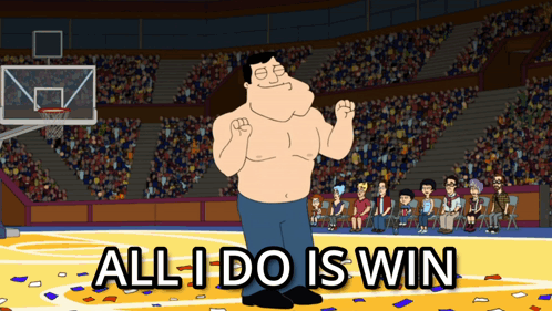 A Cartoon Of A Man On A Basketball Court With The Words All I Do Is Win Behind Him GIF
