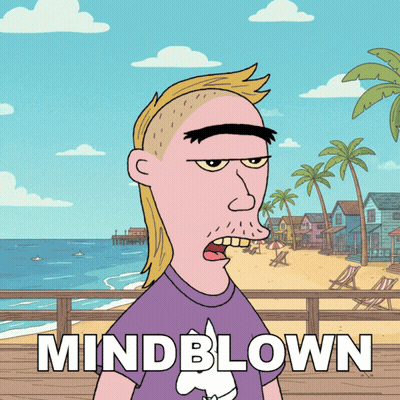 A Cartoon Of A Man On A Beach With The Words Mind Blown On The Bottom GIF