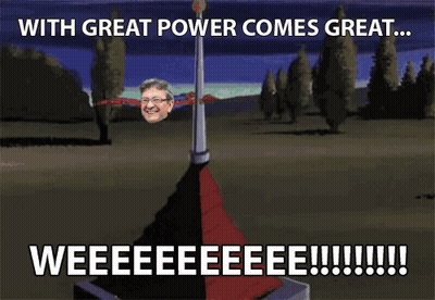 A Cartoon Of A Man On A Pole With The Words " With Great Power Comes Great ... Weeeeeeeee !!! " GIF