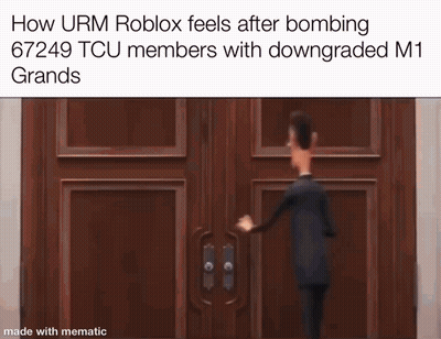 a cartoon of a man opening a wooden door with the caption how urm roblox feels after bombing 67249 tcu members