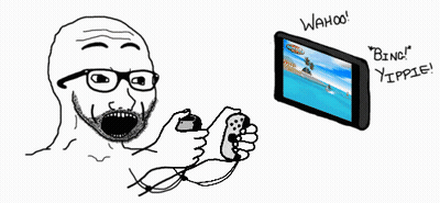 A Cartoon Of A Man Playing A Game With The Words " Bing " And " Wahoo " GIF