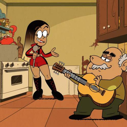A Cartoon Of A Man Playing A Guitar And A Girl Singing GIF